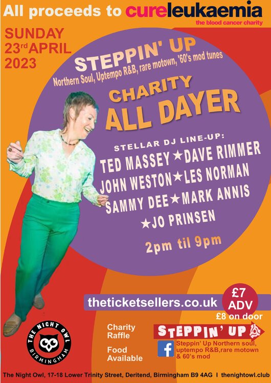 flyer steppin' up charity alldayer at the night owl 23 April.jpg