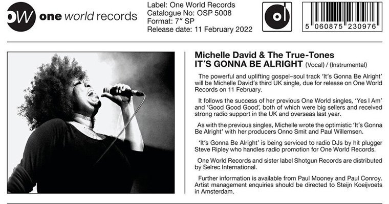 New One World Records 45 - Michelle David & True-Tones - It's Gonna Be Alright - One World Records magazine cover