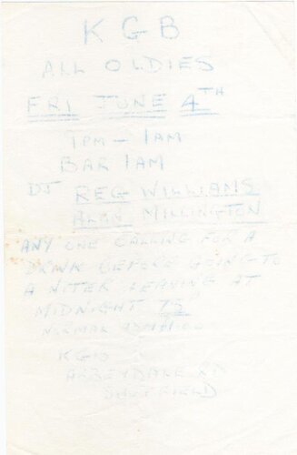 flyer - kgb handwritten in blue felt pen ! faded - kgb all o